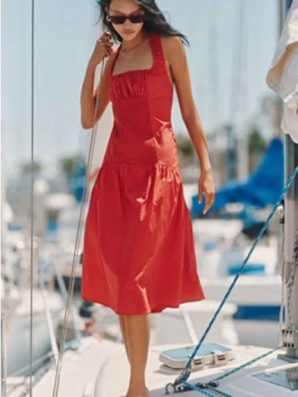 Anthropologie Red Cotton Midi Backless Summer Dress